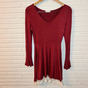 Altar’d State Maroon Bell Sleeve Lace Trim Bohemian Dress , Women’s Size Large